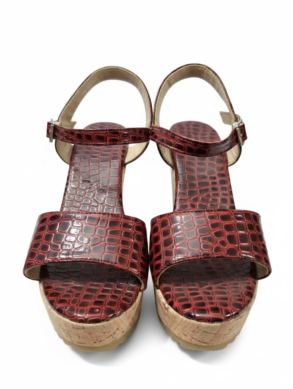 Red Croc Embossed Cork Platform Wedge Sandals Ankle Strap Open Toe Size 7